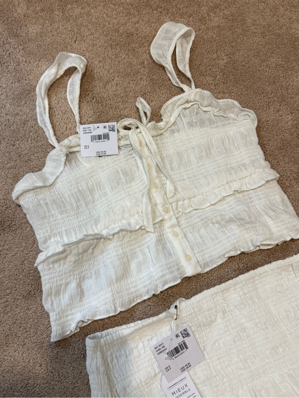 American Eagle Outfitters Cream Textured Smocked Crop Top & Skirt Set